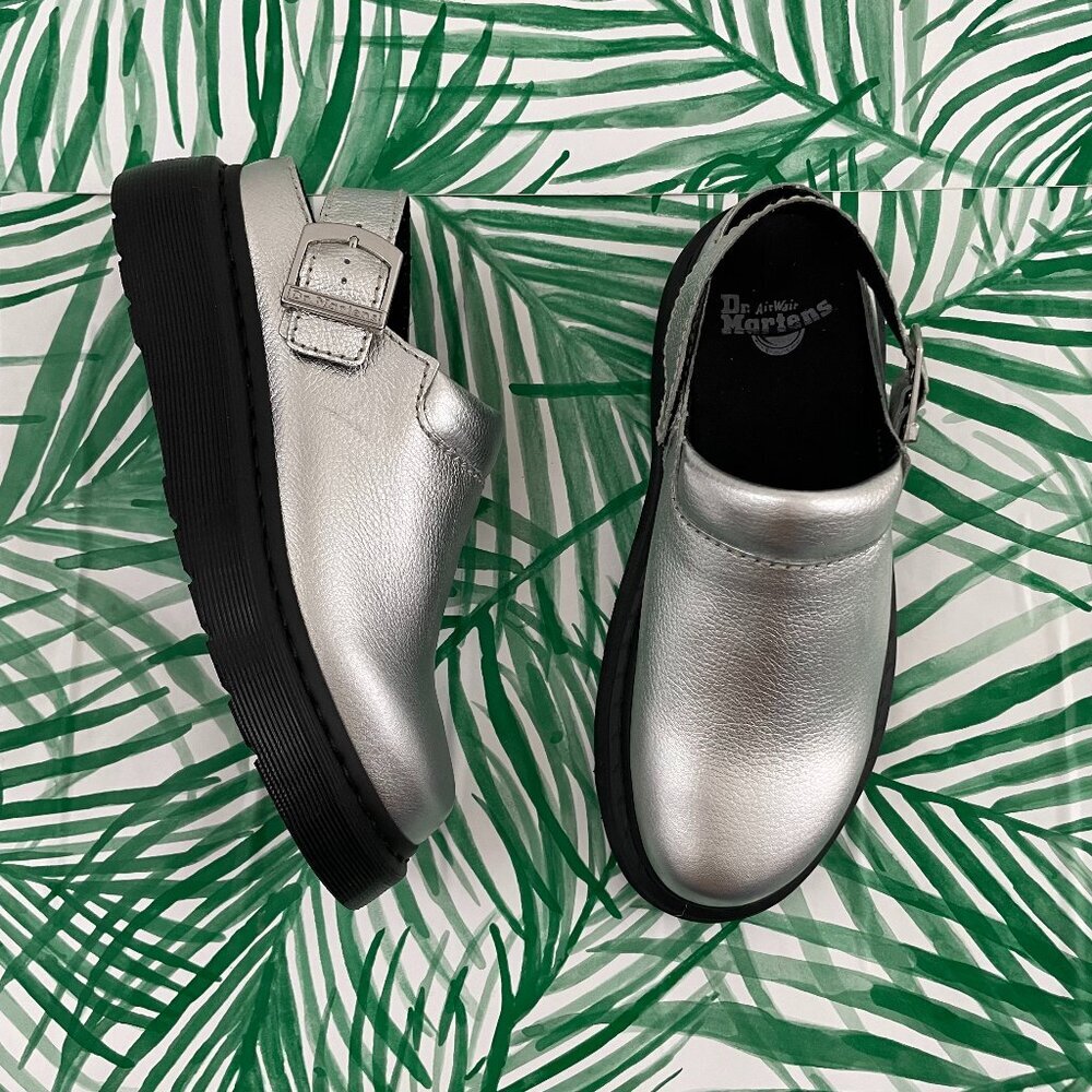 Dr Martens Laketen Silver Metallic Leather Slingback Mules Women's Size 9
